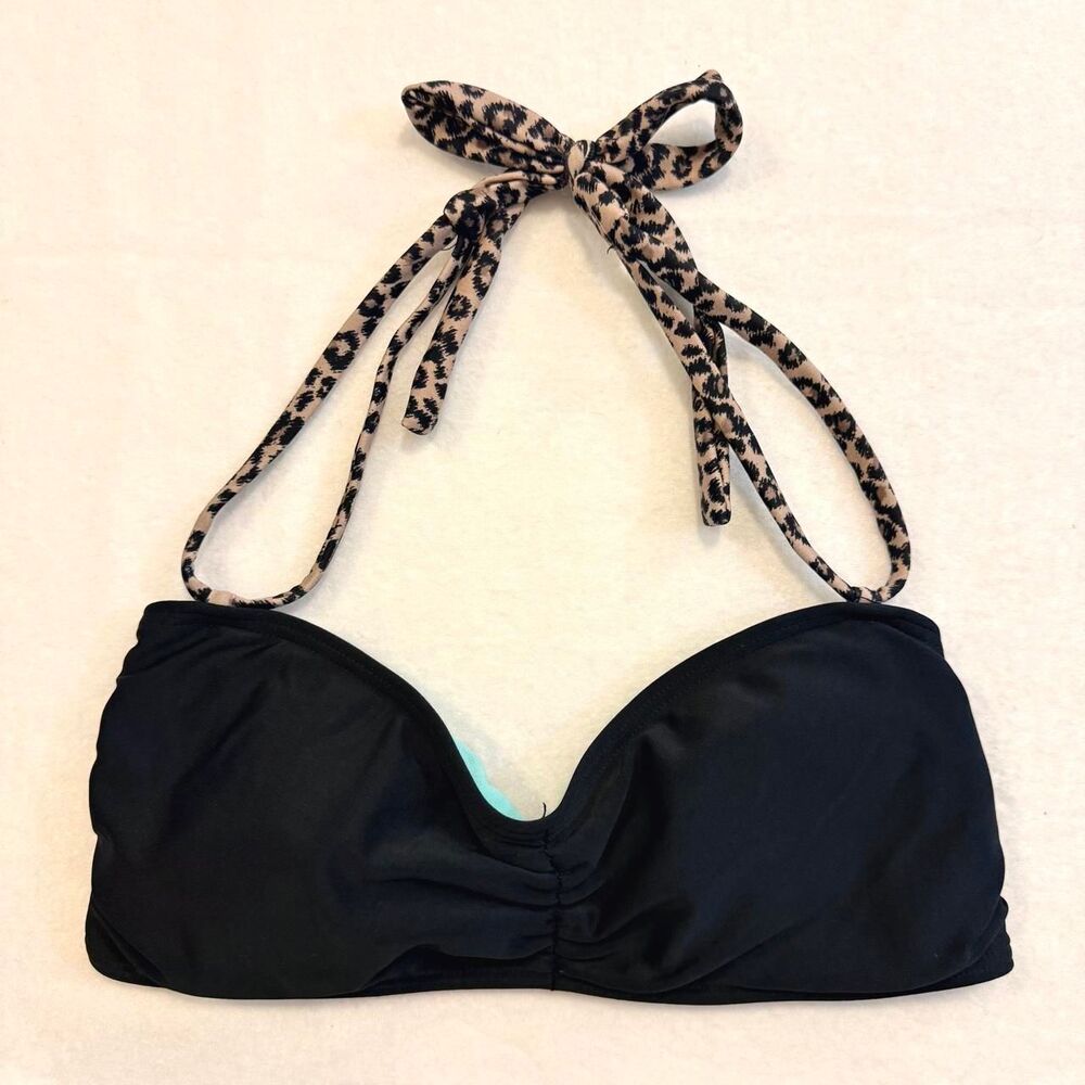 early 2010s Xhilaration black leopard print ruched bandeau halter bikini top